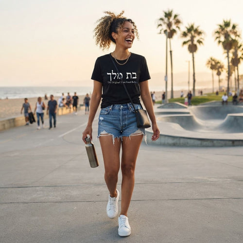 Woman wearing The Original Tee in black by Hashem Is My Sugar Daddy, featuring בת מלך and The Original Trust Fund Baby graphic styled with denim shorts and white sneakers near the beach.