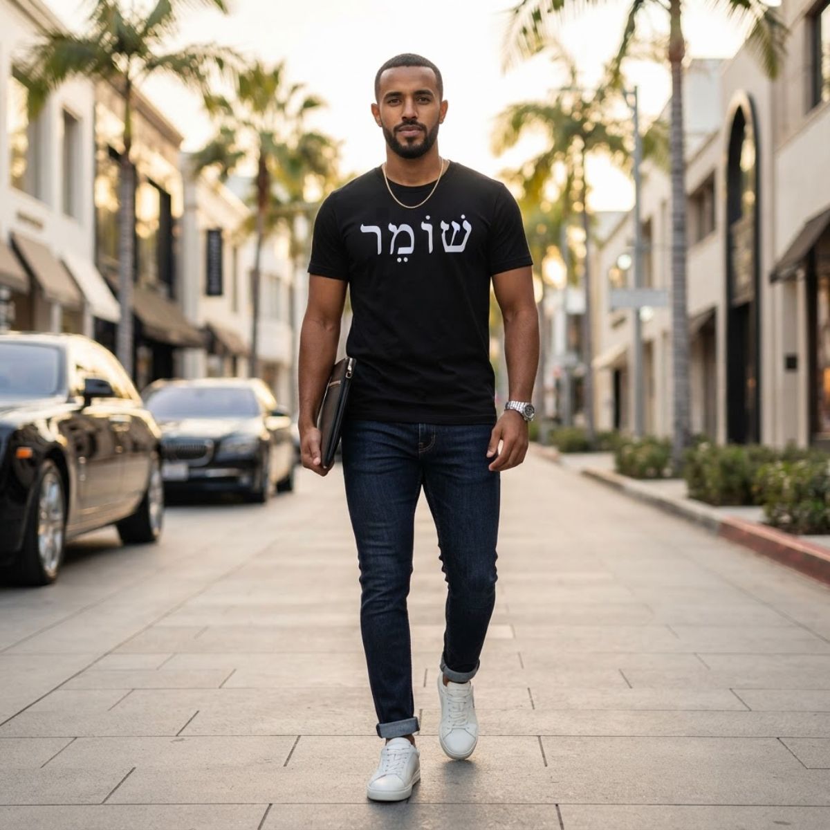 Male model wearing The Protector Tee in black by Hashem Is My Sugar Daddy, featuring white שומר Shomer Hebrew protector lettering across the chest, styled with dark jeans and white sneakers in a modern city setting.