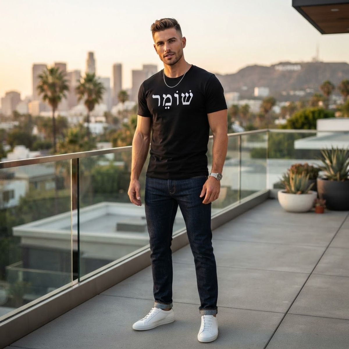Male model wearing The Protector Tee in black by Hashem Is My Sugar Daddy, featuring white שומר Shomer Hebrew protector lettering across the chest, styled with dark jeans and white sneakers on a modern rooftop terrace.