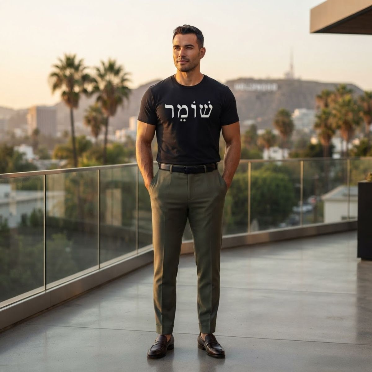 Male model wearing The Protector Tee in black by Hashem Is My Sugar Daddy, featuring white שומר Shomer Hebrew protector lettering across the chest, styled with olive trousers and loafers on a rooftop terrace.