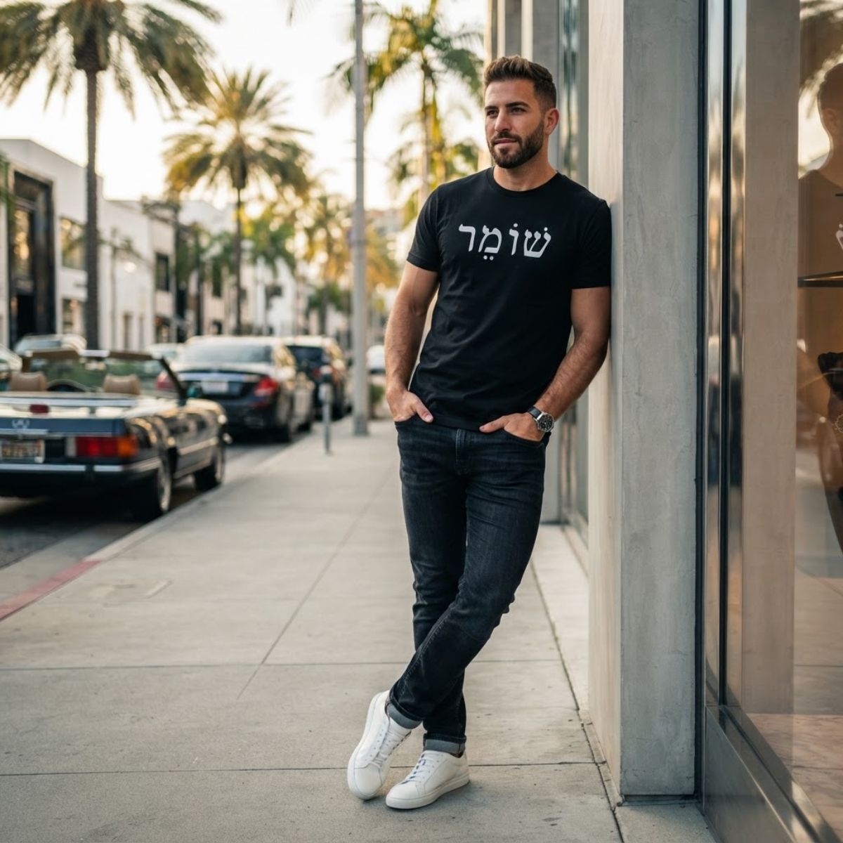 Male model wearing The Protector Tee in black by Hashem Is My Sugar Daddy, featuring שומר Shomer Hebrew protector lettering across the chest, styled with dark jeans and white sneakers in a modern street setting.