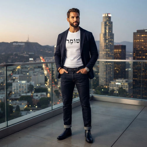 Male model wearing The Protector Tee in white by Hashem Is My Sugar Daddy, featuring black שומר Shomer Hebrew protector lettering across the chest, styled with a dark blazer, jeans, and boots on a city rooftop.