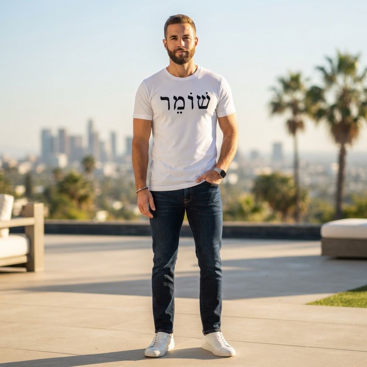 Male model wearing The Protector Tee in white by Hashem Is My Sugar Daddy, featuring black שומר Shomer Hebrew protector lettering across the chest, paired with dark jeans and white sneakers in an outdoor city setting.